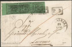 Antichi Stati - Modena - Lettera da Carrara 25.7.55 affrancata con striscia di tre verticale del 5 cent (7/7o)